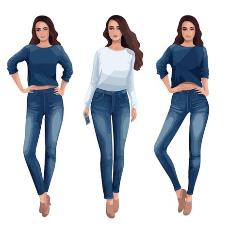 Premium Vector | Woman in jeans standing in different poses illustration