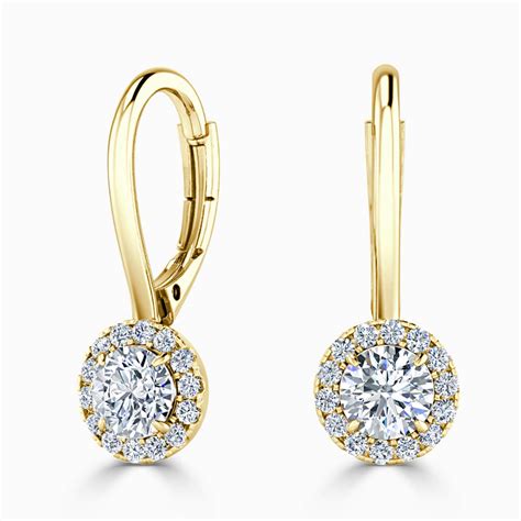 18ct Yellow Gold Round Brilliant Diamond Drop Halo Earrings Diamond ...