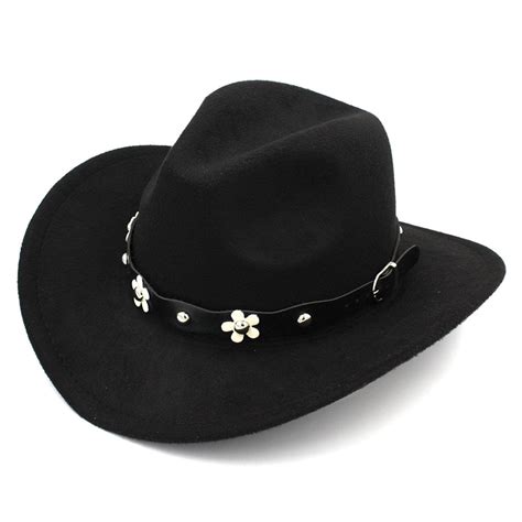 Women Western Cowboy Hat Wide Brim Cowgirl Cap Flower Charms Leather Band - Black - CH1883E0532 ...