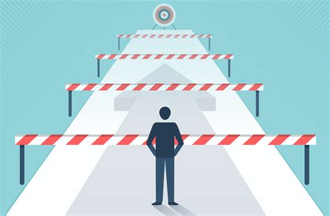 Businessman standing in front of many obstacles and barriers on the way to success vector design ...