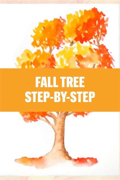 Orange red fall tree with watercolor step by step painting tutorial ...