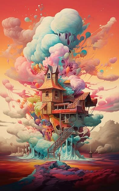 Premium AI Image | A painting of a house with a sky full of clouds