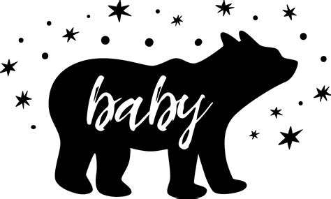 PNG, transparent Baby bear with stars. Cute little black baby bear print for kids cloths, t ...
