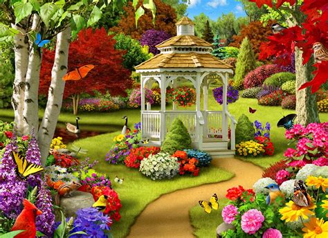 Download Gazebo Garden Spring Artistic Painting Wallpaper