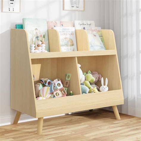 LUE BONA 2-Tier Storage 3-Shelves Natural Color Wooden Kids Bookshelf with Cubbies and Bookrack ...