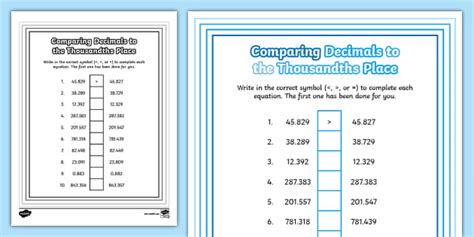 Comparing Decimals to the Thousandths Place Worksheet