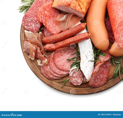 Assortment of Delicious Deli Meats on Wooden Board, Isolated on White Stock Image - Image of ...