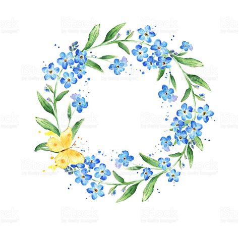 Watercolor forget-me-not wreath. Natural round frame with blossom royalty-free stock vector art ...