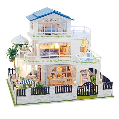 3D Diy Blue Villa With Swimming Pool Wooden Big Doll House Furniture Toy Model Doll House ...