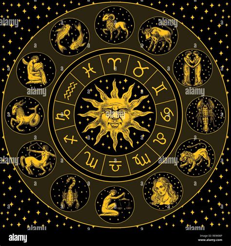 Zodiac Wheel. Astrology horoscope with circle, sun and signs. Calendar template on black ...