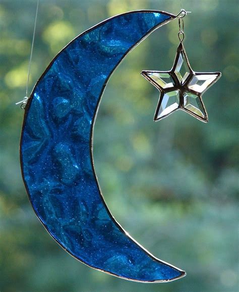 Stained Glass Blue Crescent Moon Sun Catcher - Etsy | Stained glass ...