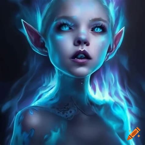 Digital artwork of a girl child with blue flames and blue skin on Craiyon