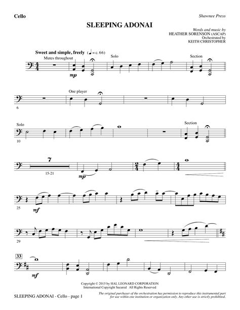 Sleeping Adonai - Cello Sheet Music | Heather Sorenson | Choir Instrumental Pak