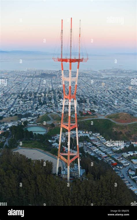 Aerial view over San Francisco at sunset with Sutro Tower Stock Photo ...