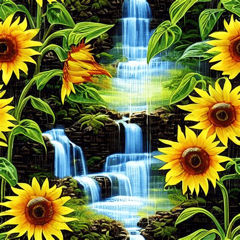 Waterfall Sunflowers Hyper Realistic Digital Graphic · Creative Fabrica