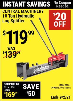 CENTRAL MACHINERY 10 Ton Hydraulic Log Splitter for $119.99 | Hydraulic log splitter, Harbor ...