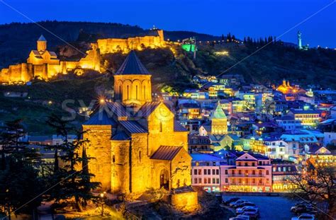 Tbilisi historical Old Town, Georgia, illuminated at night ...