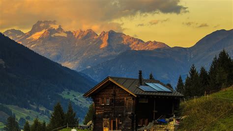 Fondos de pantalla Suiza, Alpes, Casa, Pendiente, Árboles, Montañas, Dusk 2880x1800 Imagen