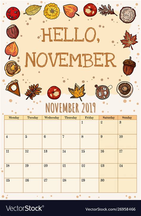 Hello november cute cozy hygge 2019 month Vector Image