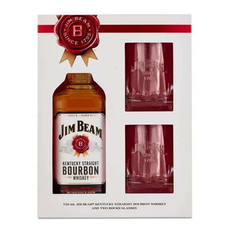 Jim Beam Bourbon Whiskey Gift Set 750ml Bottle with Rocks Glasses ...