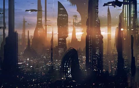 Download Stunning view of Coruscant's cityscape at night Wallpaper | Wallpapers.com