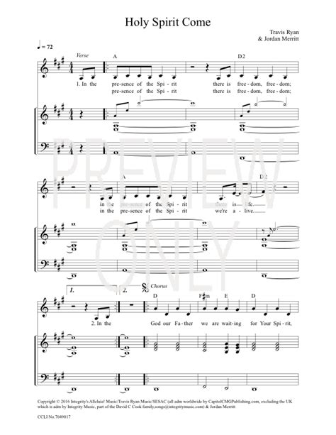 Holy Spirit Come Lead Sheet, Lyrics, & Chords | Travis Ryan | WorshipHouse Media