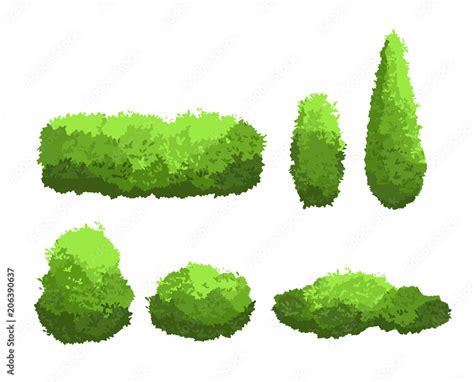 Vector illustration set of garden green bushes and decorative trees ...