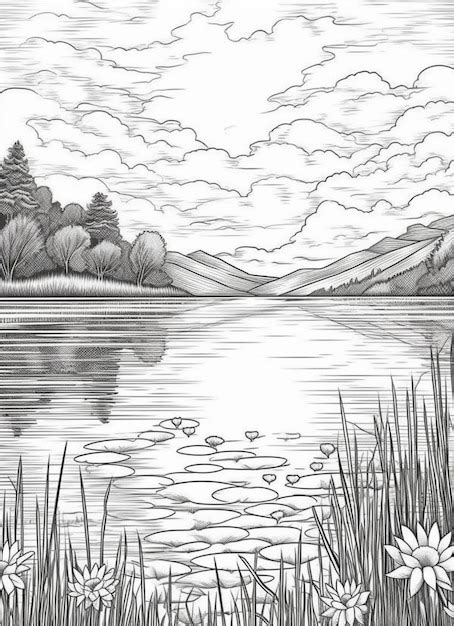 Premium AI Image | a drawing of a lake with flowers and trees in the background generative ai