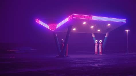 Premium Photo | Neon retro gas station at night fog rain reflections on ...