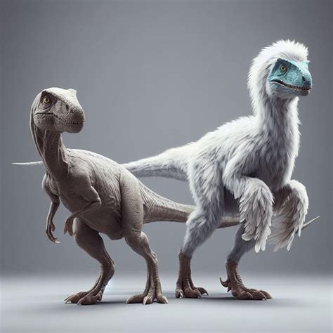 An outdated grey velociraptor with no feathers and no fur standing next to a scientifically ...