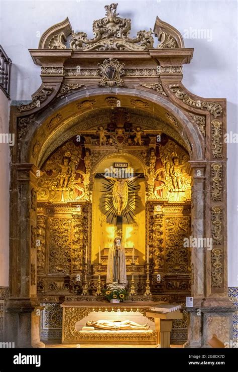 Ornate alter / shrine depicting crusifiction of christ, mary and tomb of jesus, Faro cathedral ...