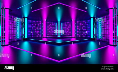 3d pink violet blue neon abstract background. Ultraviolet podium decoration empty room. Night ...