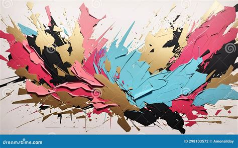 Cyan Magenta Black Abstract Acrylic Art Painting with Gold Background Illustration Postcard ...