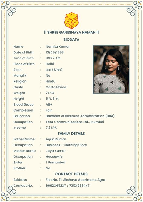 Marriage Biodata Format for Girl