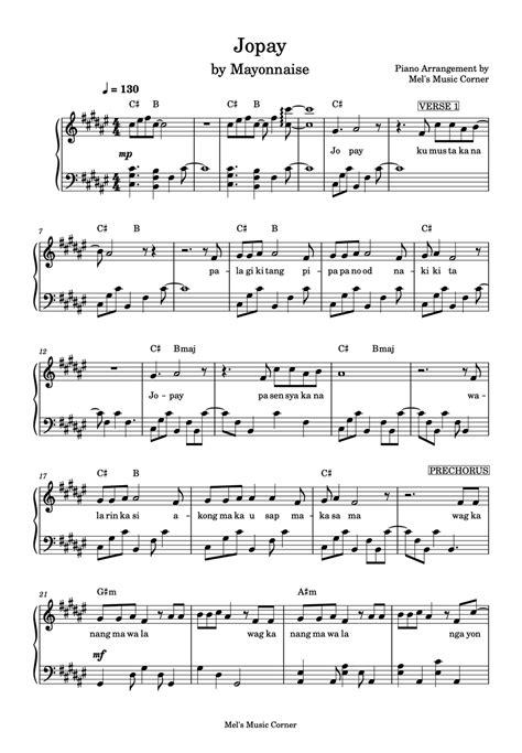 Mayonnaise - Jopay (piano sheet music) by Mel's Music Corner Partitura