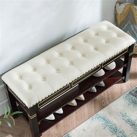 39.4'' White Modern Storage Bench Shoe Rack with Faux Leather Upholstered Seat