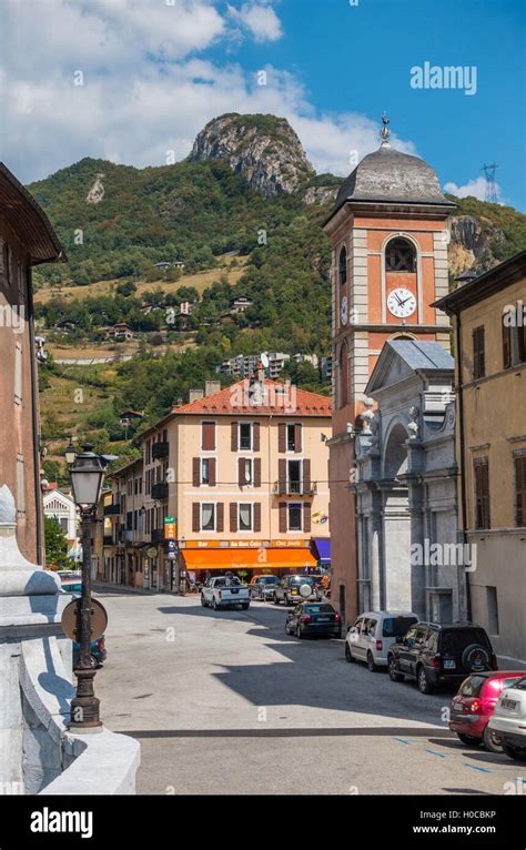 Traditional buildings in Moutiers, France, on the Isere River Stock ...