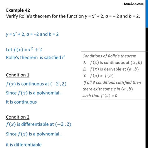 Example 42 - Verify Rolle’s theorem for y = x2 + 2, a = -2