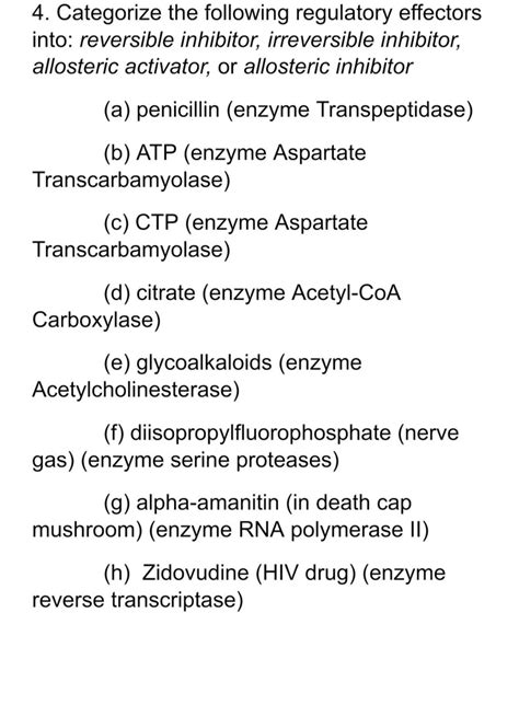 SOLVED: 4. Categorize the following regulatory effectors into ...