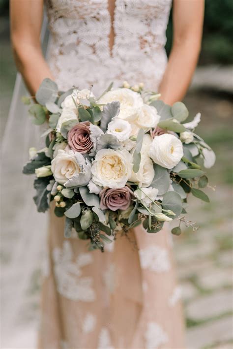 Elegant Vintage Bouquet of White and Mauve Roses and Eucalyptus Leaves - https://www.thekno ...