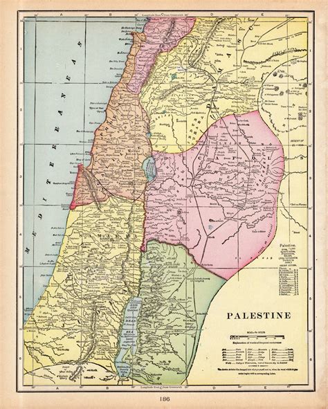 1902 Antique Palestine Map of Palestine George Cram Atlas Map Palestine ...