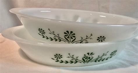 McKee Glasbake Divided Serving Bowls Green Floral Set of Two