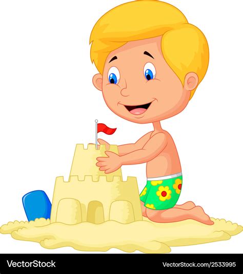 Cartoon boy making sand castle Royalty Free Vector Image