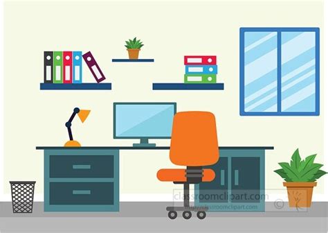 Furniture Clipart-working office space with desk bookshelf computer clipart