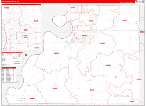 Buchanan County, MO Zip Code Wall Map Red Line Style by MarketMAPS