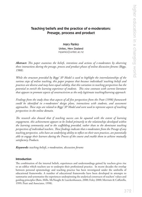 (PDF) Teaching beliefs and the practice of e-moderators: Presage, process and product