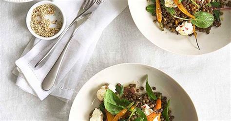 Warm roast carrot, lentil and labne salad with crisp flatbread ...