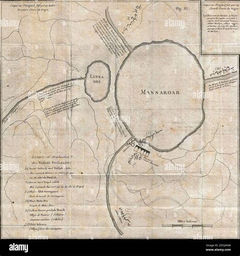 Lake Manasarovar, Tibet map in French and Persian detail from 1784 Tiefenthaler Map of the ...