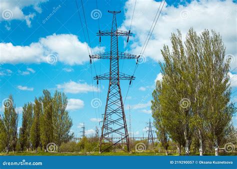 The Silhouette of the Power Line Against the Blue Sky. Stock Image - Image of plant, powerful ...