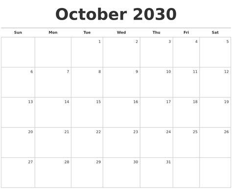 October 2030 Blank Monthly Calendar